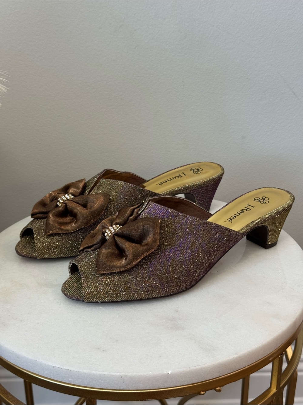 J.Renee Gold Glitter and Purple Hued Bow Peep-Toe Heels - Picture 2 of 12